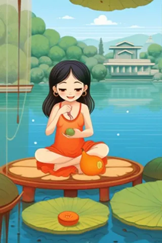 女孩坐着乘凉水果插画背景