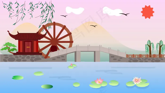 古风建筑插画ai矢量模版下载