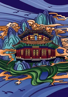 中国风国潮古建筑地标城市古风建筑阁楼印象地标手绘插画PSD素材