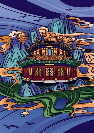 中国风国潮古建筑地标城市古风建筑阁楼印象地标手绘插画PSD素材