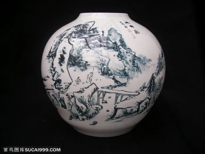 申晓国陶瓷作品 手绘山峰瓷器花瓶
