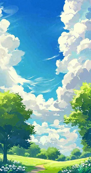 蓝天白云小花绿树树木草地插画手绘，春天春分