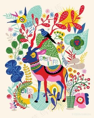 手绘时尚唯美麋鹿飞鸟森林插画