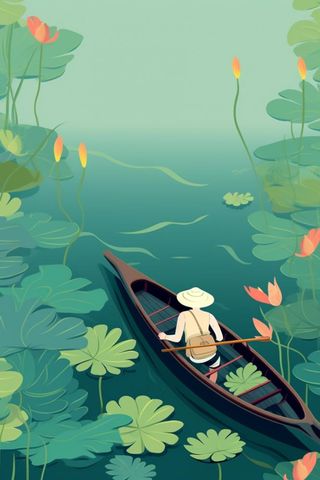 绿色湖泊划船国风插画背景