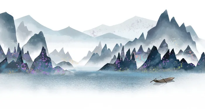 湖水山川景色画PSD素材