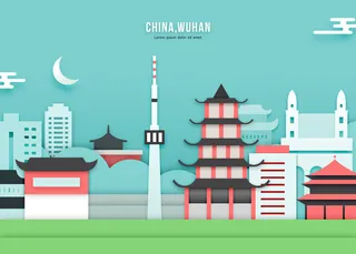 古典旅游建筑剪纸风PSD素材