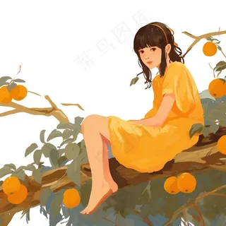 少女女孩坐着柿子树上橙色插画免抠