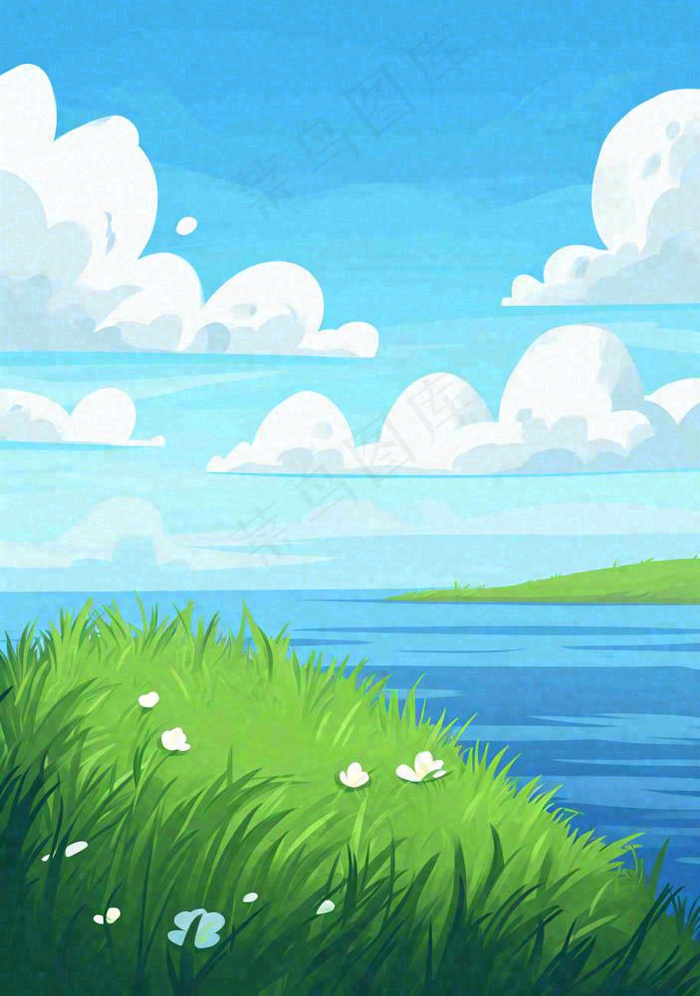 海边蓝天白云草地小花，春天清新海景