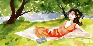 夏日人物水果树荫乘凉插画素材背景