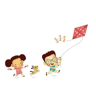 风筝 小狗 男孩女孩 卡通