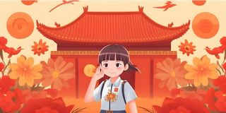 学生中国红祖国繁花背景