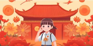 学生中国红祖国繁花背景