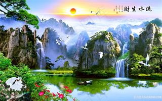 流水生财风景字画高清分辨率喷绘打印办公室挂画素材山水花草