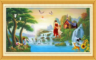 油画农村山水边框装饰画