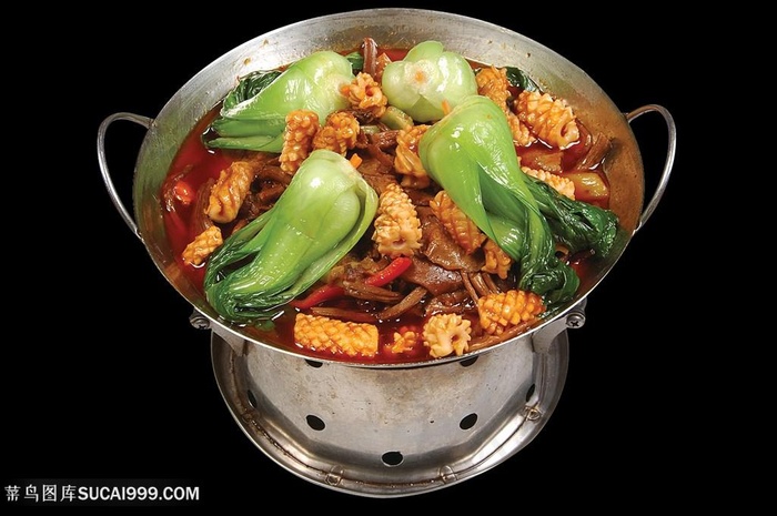 中华美食干锅鲜鱿茶树菇摄影图