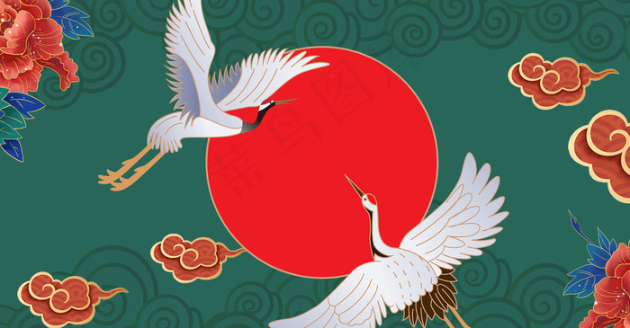 手绘云纹仙鹤太阳国潮风展板背景
