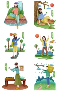 清明节青团卡通踏青人物男女孩放牛娃元素春季春游PSD设计PNG素材