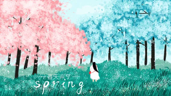 春天来了水墨绘画PSD素材