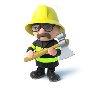戴着安全帽拿着斧头的卡通消防员高清图片