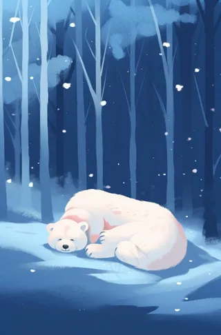 冬天白熊躺着雪地里森林卡通插画背景