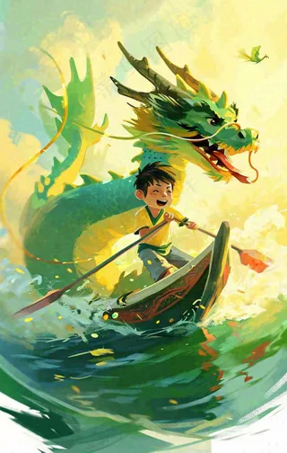 海上船只传说龙怪兽古风插画手绘