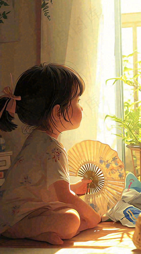 儿童在家吹风扇，夏天炎热清爽手绘插画，夏至小暑暑期(816x1472)