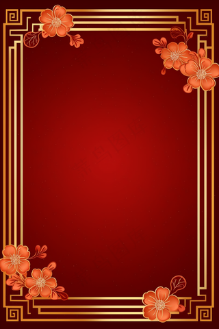 红色中国风边框梅花花朵背景