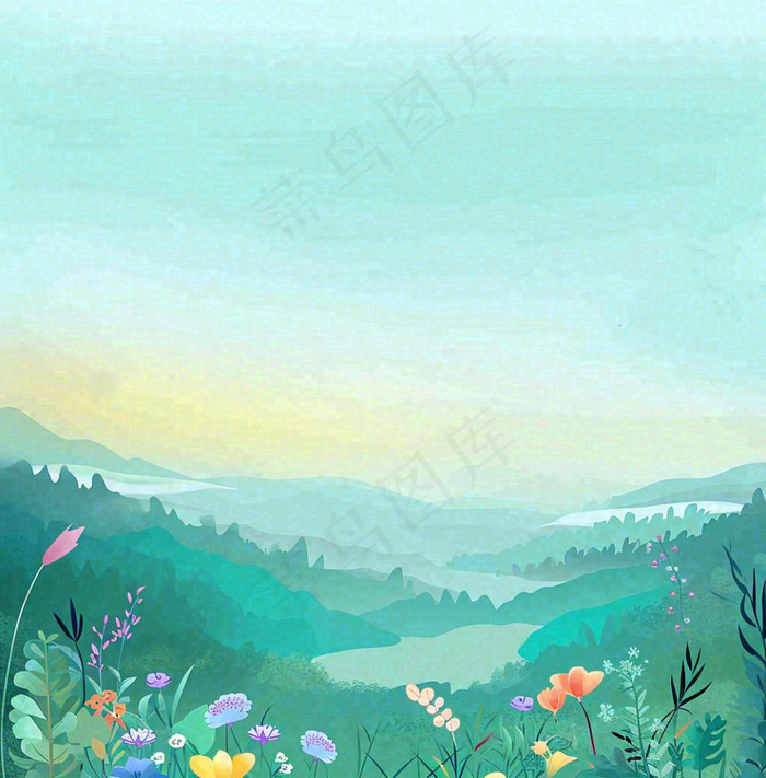 春天山脉小溪河流花丛绿植清新手绘插画，春分惊蛰(1024x1040)