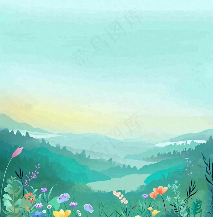 春天山脉小溪河流花丛绿植清新手绘插画，春分惊蛰(1024x1040)