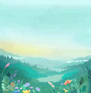 春天山脉小溪河流花丛绿植清新手绘插画，春分惊蛰