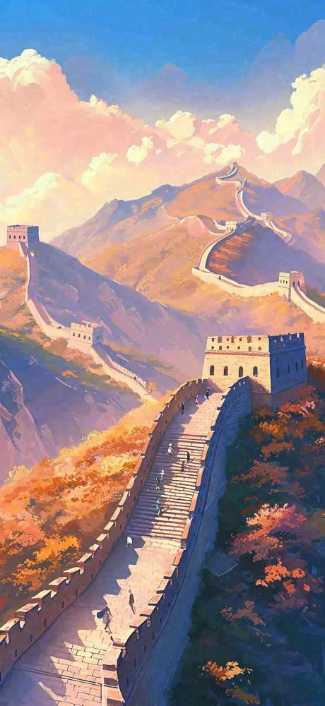 中国风万里长城落日阳光雄伟建筑手绘插画(736x1600)