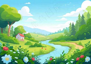 春日旅行草坪草丛花朵河流小溪野外郊游插画，春分