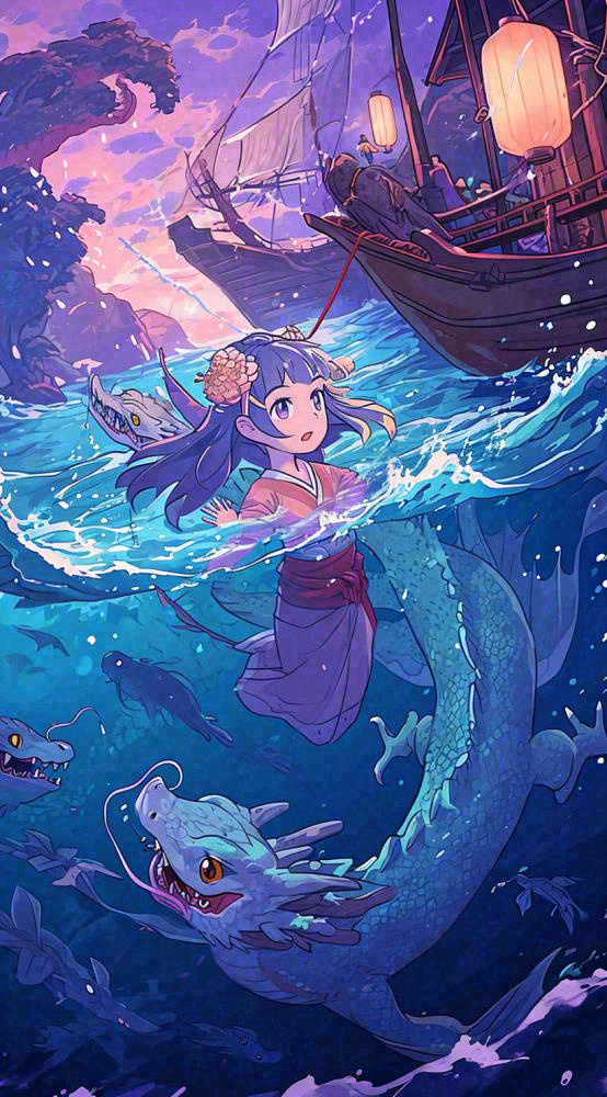 创意卡通古风河面人物游船，夜晚龙灯笼光照，海浪水面