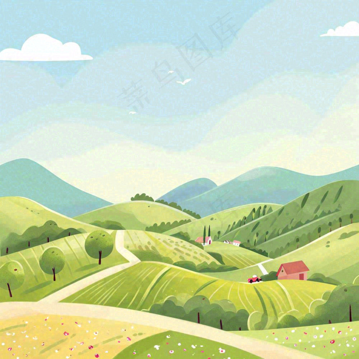春天清新山脉田间草地绿植手绘插画(1024x1024)