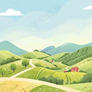 春天清新山脉田间草地绿植手绘插画