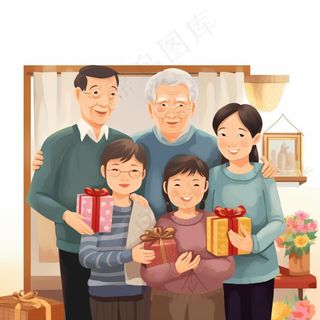 一家人家庭照礼物开心欢乐天伦之乐卡通插画素材背景