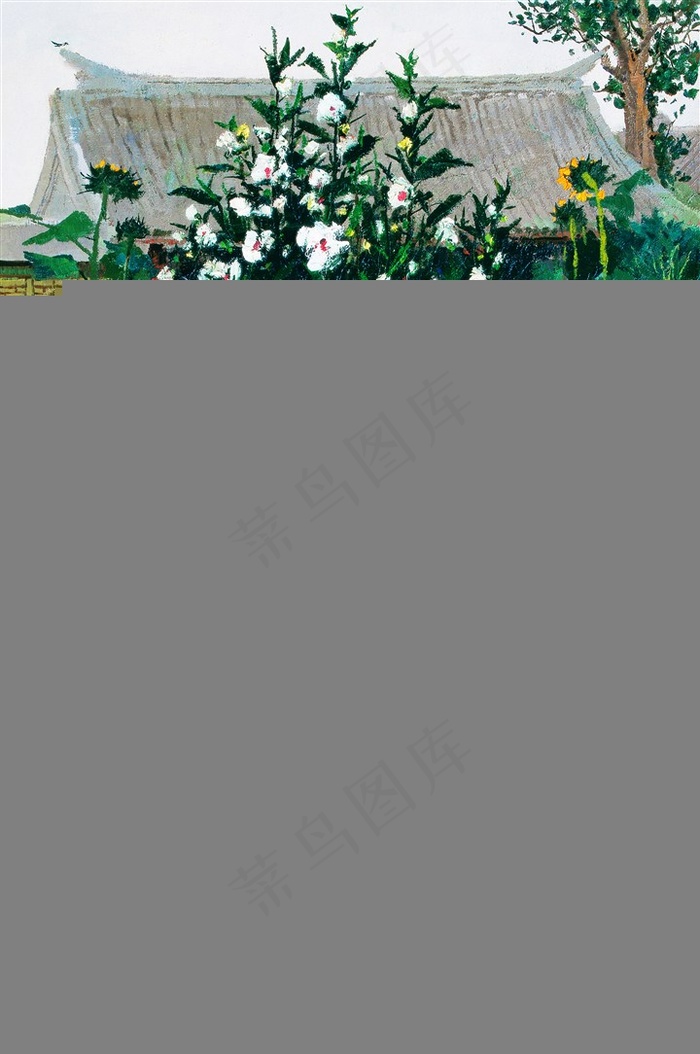 吴冠中手绘水彩花卉树枝房子美景