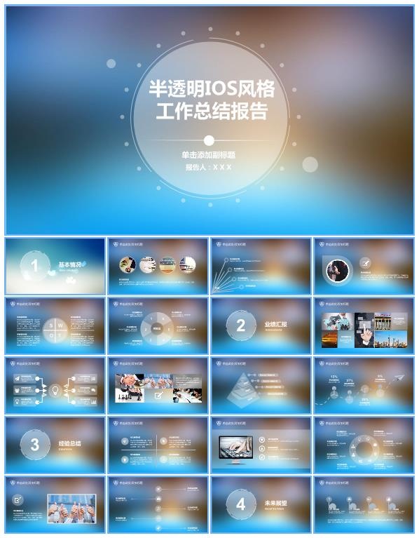 梦幻朦胧背景半透明点线创意iOS风工作总结报告ppt模板