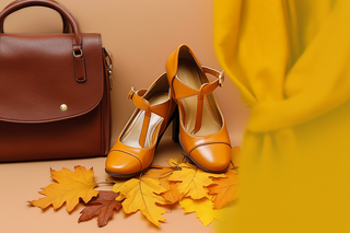 皮包高跟鞋黄色背景摄影图