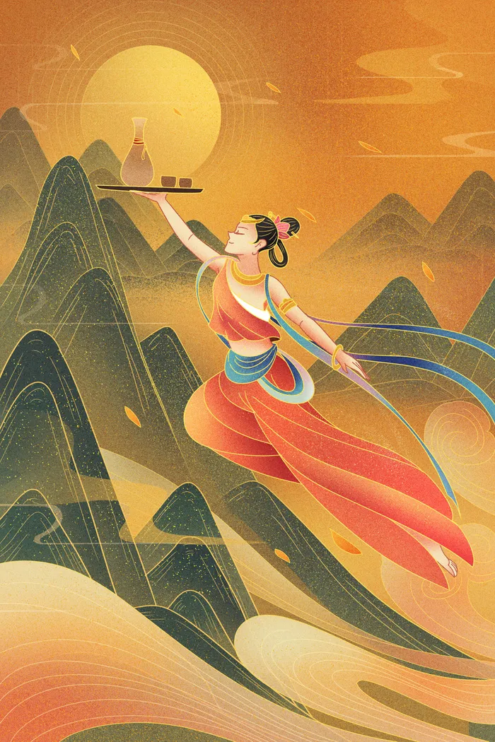 复古中国风国潮神话人物敦煌插画仙女手绘海报背景PSD设计素材psd模版下载