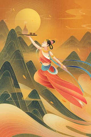 复古中国风国潮神话人物敦煌插画仙女手绘海报背景PSD设计素材
