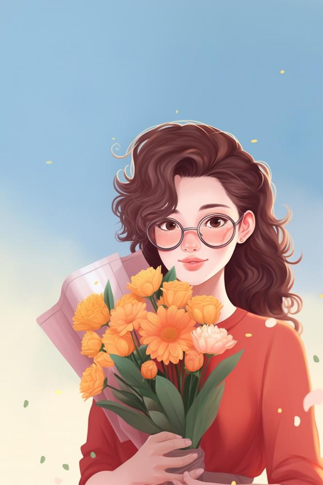 女士蓝色温馨老师花束节日海报背景