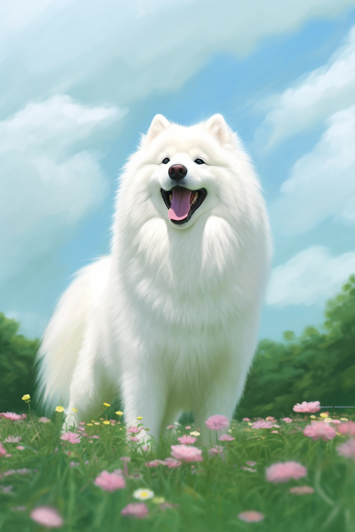 白色萨摩耶宠物狗在草坪花丛玩耍开心背景