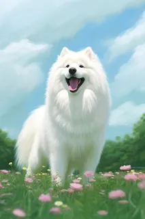 白色萨摩耶宠物狗在草坪花丛玩耍开心背景