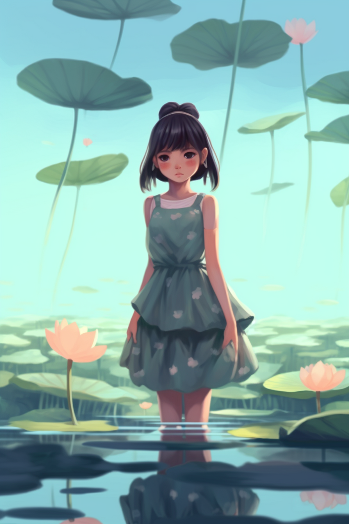 夏日女孩站在睡莲池里卡通插画素材(x)