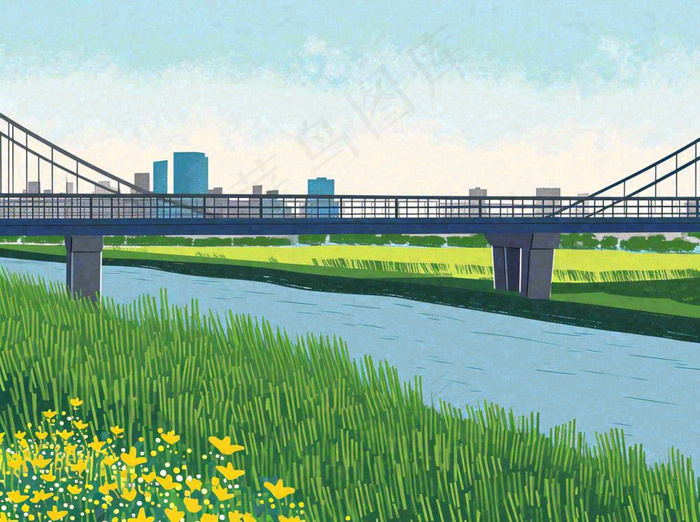 城市河边草地交通风景，春天阳光蓝天白云手绘插画(1264x944)