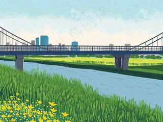 城市河边草地交通风景，春天阳光蓝天白云手绘插画
