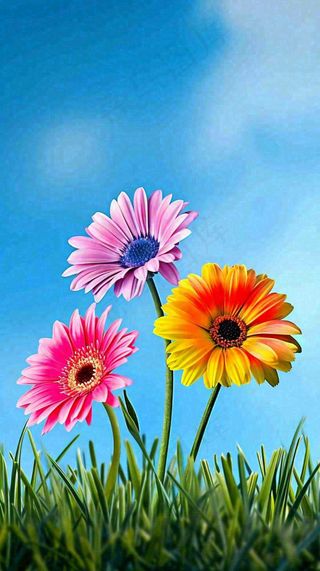 春天蓝天白云草坪鲜花，五彩缤纷鲜艳摄影图