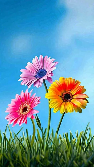 春天蓝天白云草坪鲜花，五彩缤纷鲜艳摄影图