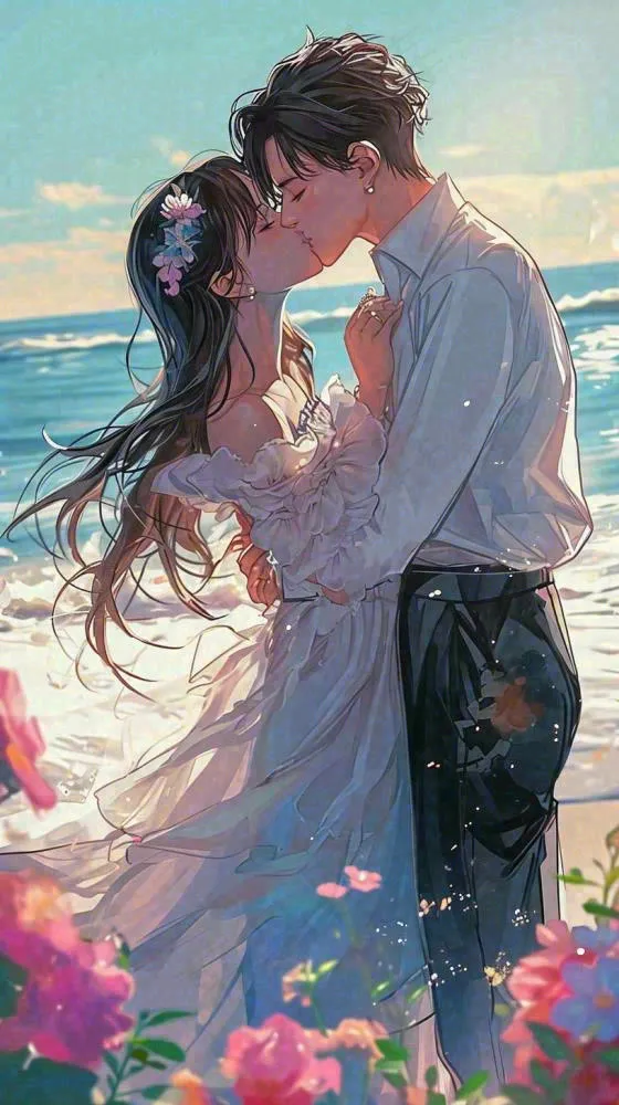 海边阳光沙滩情侣婚纱照爱情甜蜜情人节手绘插画(816x1456)